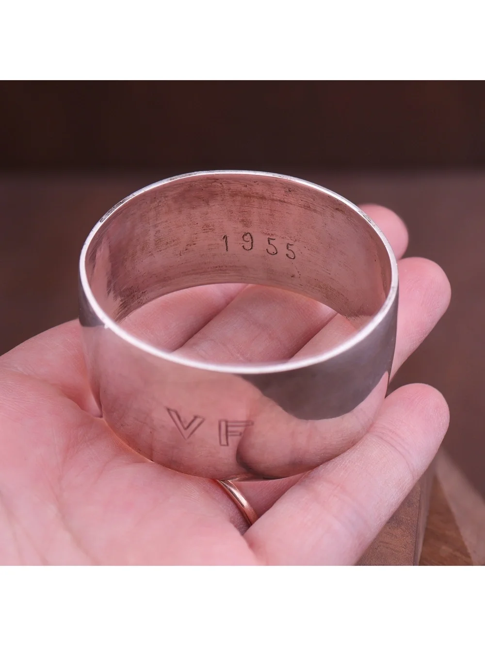 Vintage 1955 Mid-Century Sterling Silver 40g Napkin Ring - Engraved VF Monogram